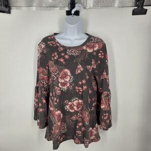 Como Vintage Floral Butterfly Print Top Medium M Grey Pink Bell Sleeve Ruffle